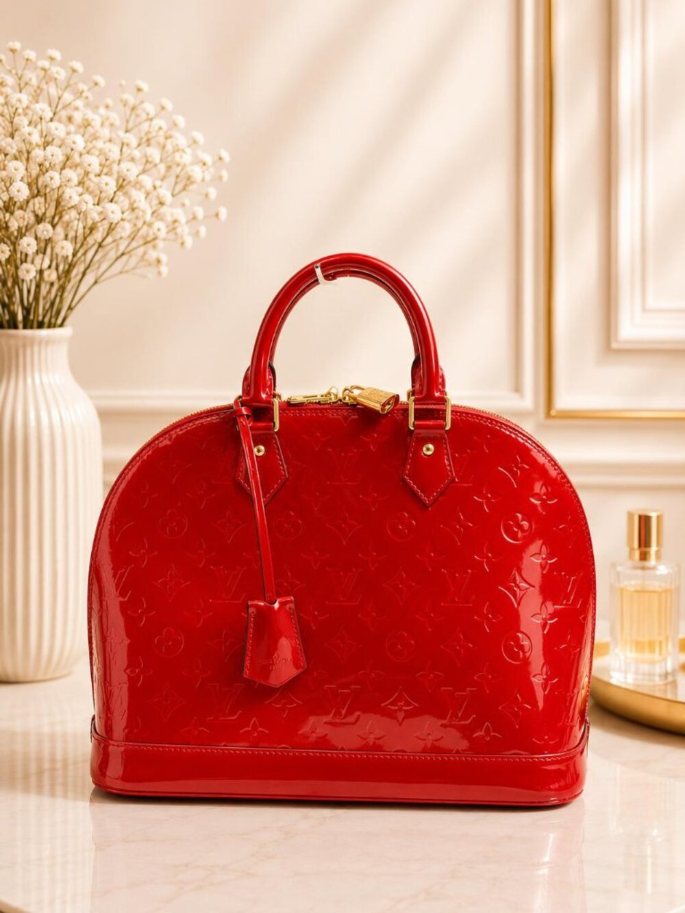 Authentic Louis Vuitton Alma GM Reddish Vernis Patent Leather Satchel Handbag